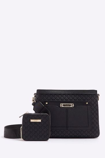 River Island Black Monogram Tri Comp Crossbody Bag