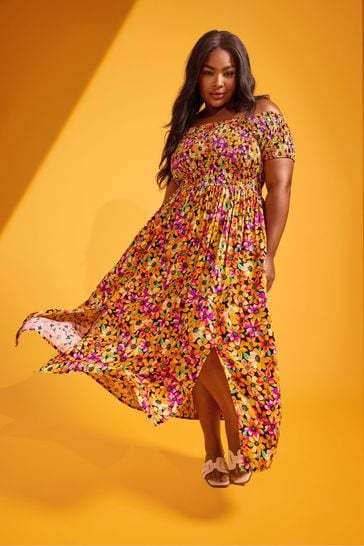 Yours Curve Multi Floral Print Shirred Bardot Maxi Dress