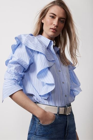 Mint Velvet Blue Striped Ruffle Shirt