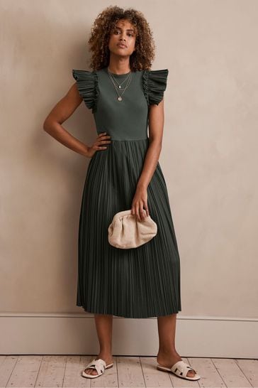 Mint Velvet Green Midi Jersey Crinkle Dress
