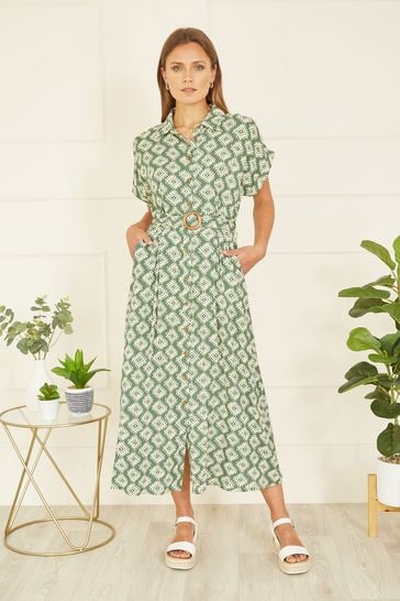 Yumi Green Viscose Midi Shirt Dress With Matching Belt
