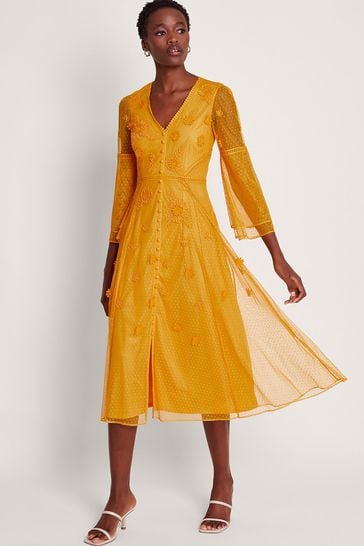 Monsoon Yellow Alba Embroidered Tea Dress