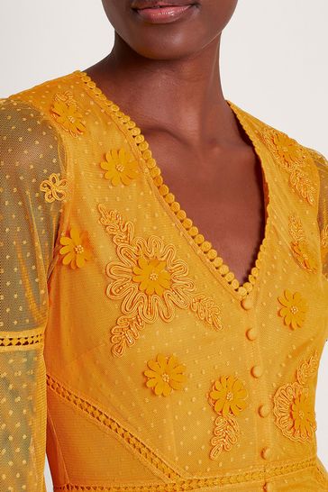 Monsoon Yellow Alba Embroidered Tea Dress