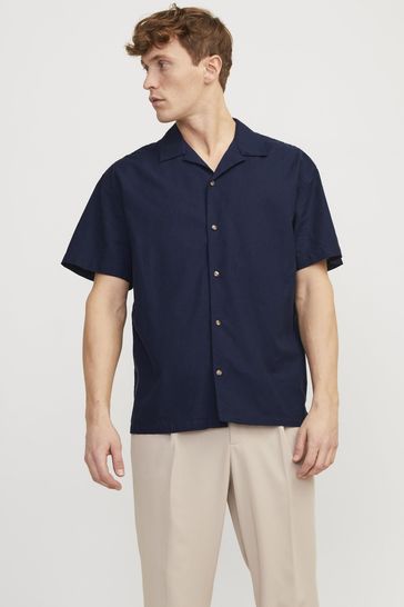 JACK & JONES Blue Linen Blend Resort Collar Short Sleeve Shirt