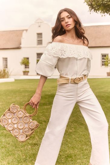 White ruffle bardot top hot sale