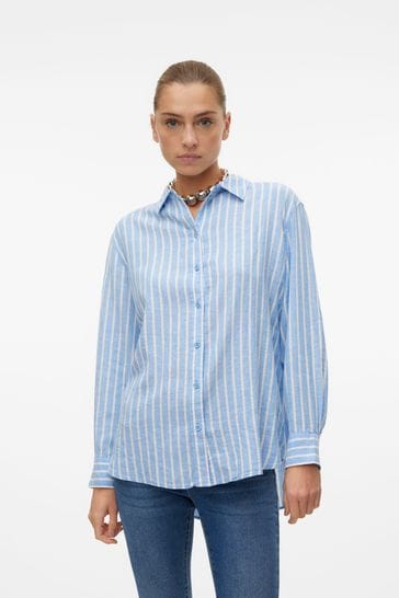 VERO MODA Blue Linen Blend Long Sleeve Stripe Shirt