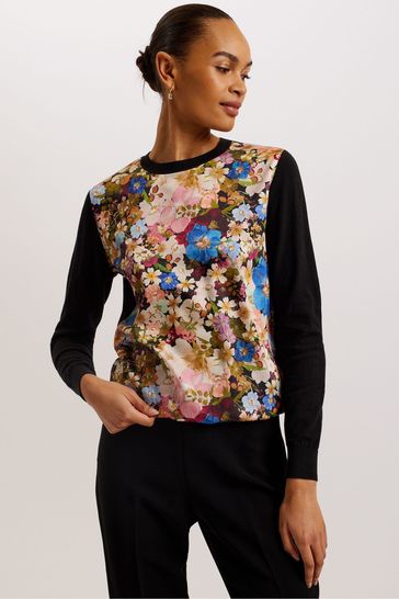Ted Baker Black Delbi Printed Woven Front Sweater