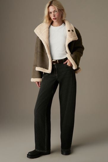Buy Khaki Green Borg Lined Aviator Jacket from Next Bahrain