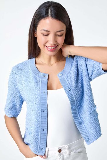 Roman Blue Fringe Detail Sparkle Button Cotton Cardigan