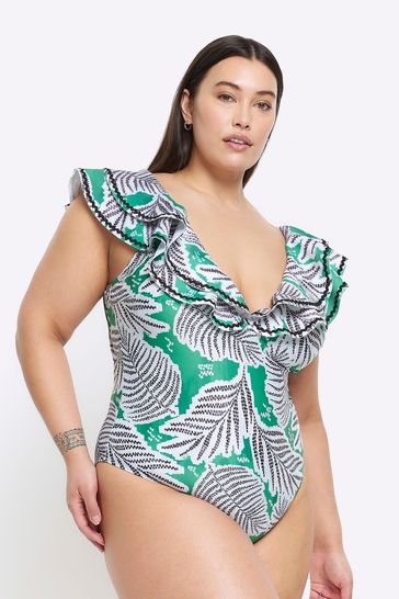 River Island Green Curve Frill Plunge Swimsuit