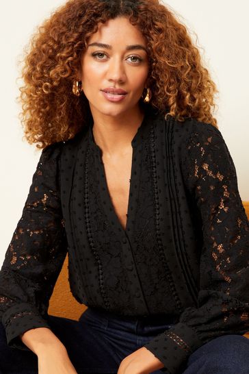 Buy Love Roses Lace Mix Button Through Long Sleeve Blouse from Next Bahrain