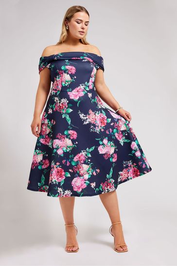 Yours Curve Navy Blue Floral Bardot Skater Dress