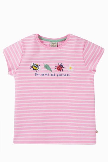 Camiseta de manga corta rosa a rayas con detalle de Frugi