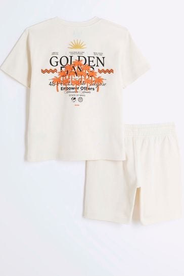 River Island Natural Boys Golden Days Palm T-Shirt and Short Set