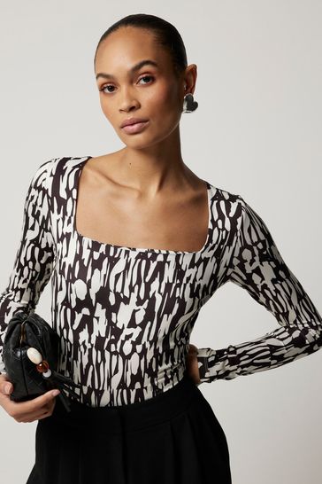 River Island Black Abstract Square Neck Bodysuit