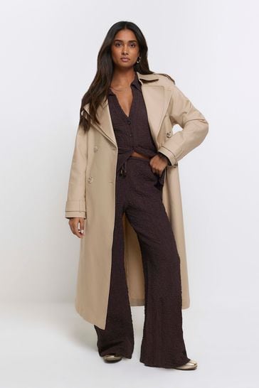 River Island Brown Wide Leg Textured Trousers