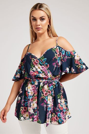 Yours Curve Blue YOURS LONDON Curve Navy Blue Floral Print Cold Shoulder Top