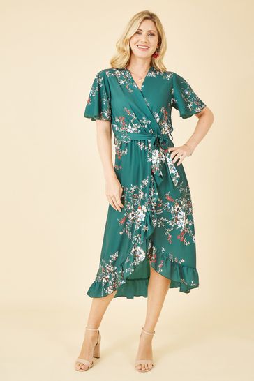 Mela Green Crepe Floral Dip Hem Wrap Midi Dress