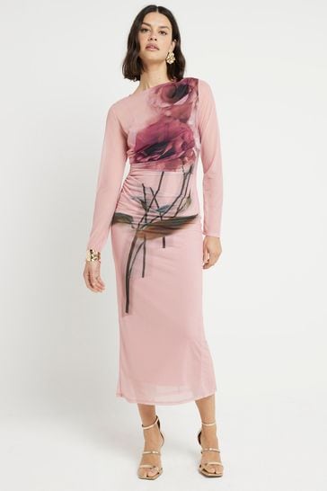 River Island Pink Floral Mesh Midi Dress