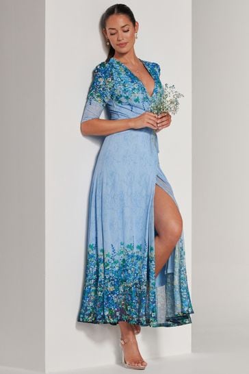 Jolie Moi Blue Peggy Ruched Sleeve Wrap Mesh Maxi Dress