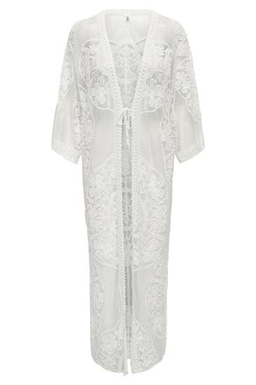 ONLY White Embroidered Maxi Beach Cover-Up Kaftan