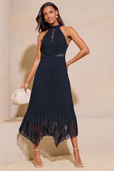 Buy Lipsy Navy Blue Halter Pleated Lace Midi Dress from Next Bahrain