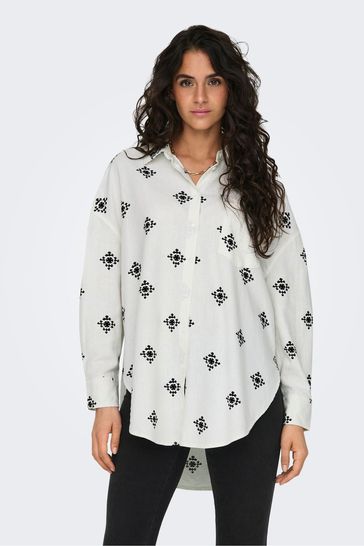 ONLY White Oversized Embroidered Print Shirt