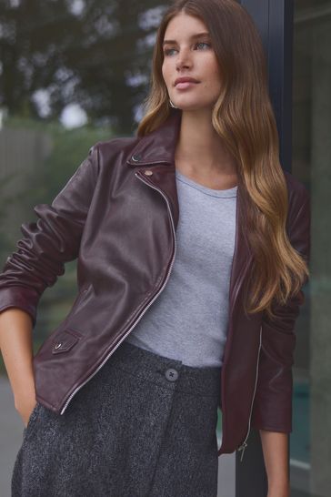 Buy Burgundy Red Premium Genuine Leather Biker Jacket from Next Bahrain