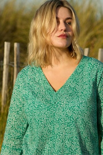 Live Unlimited Curve Green Ditsy Leaf Print Cotton Slub Relaxed Tunic