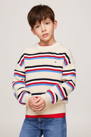 Suéter color crema con diseño de rayas de varios colores de Tommy Hilfiger