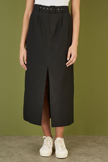 Yumi Black Cotton Midi Skirt With Belt And Split Hem