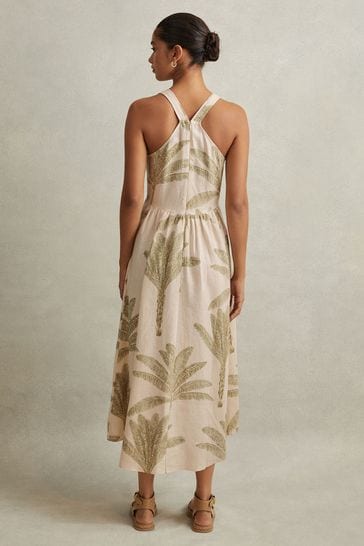 Reiss Neutral/Green Anna Petite Linen Tropical Print Midi Dress