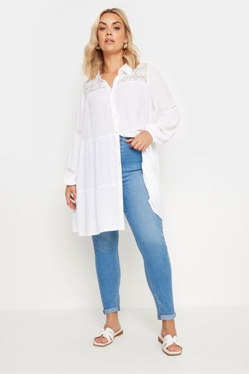 Yours Curve White Boho Long Sleeve Tiered Shirt