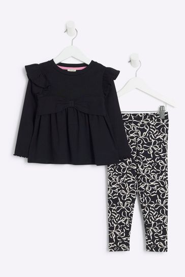 Buy River Island Black Girls Long Sleeve Bows Rib 100 Cotton Peplum Set from Next Kuwait