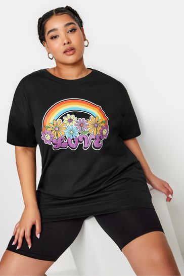Yours Curve Black Relaxed Drop Shoulder Rainbow Love T-Shirt