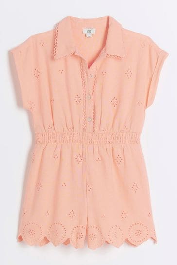 River Island Pink Girls Coral Linen Cutwork Playsuit