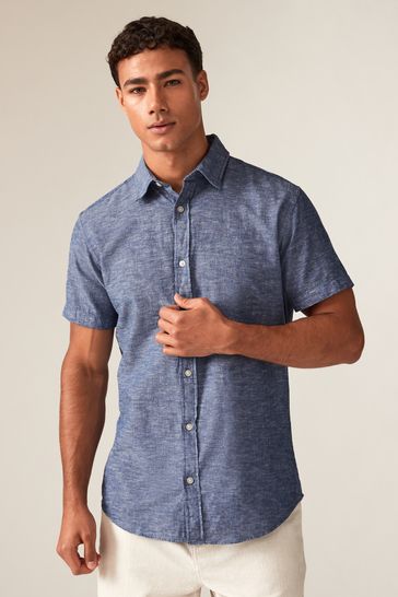 JACK & JONES Blue Linen Blend Short Sleeve Shirt