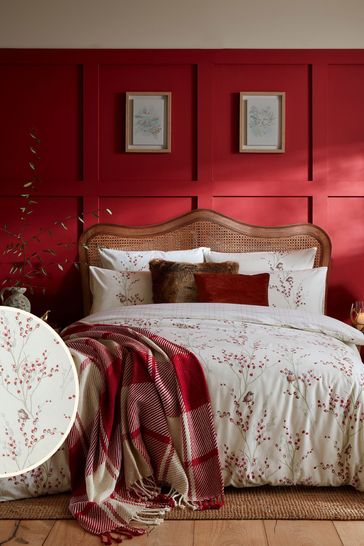 Red Brushed Cotton Christmas Pussy Willow Duvet Cover & Pillowcase Set