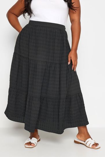Yours Curve Black Tiered Check Midi Skirt
