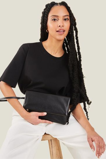 Accessorize Black Leather Fold-Over Clutch Bag