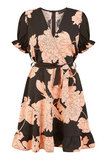 Mela Black Blossom Print Wrap Dress With Puff Sleeves