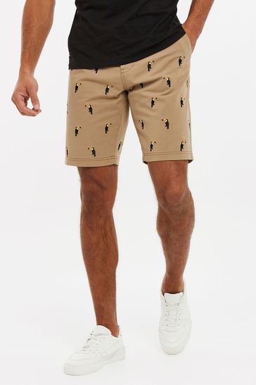 Threadbare Brown Cotton Embroidered Chino Shorts