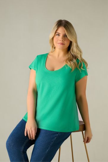 Live Unlimited Curve - Green Cotton Slub Scoop Neck T-Shirt