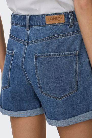 ONLY Mid Blue 100 Cotton High Waisted Denim Mom Shorts