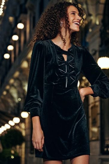 Black Long Sleeve Velvet Bow Mini Dress