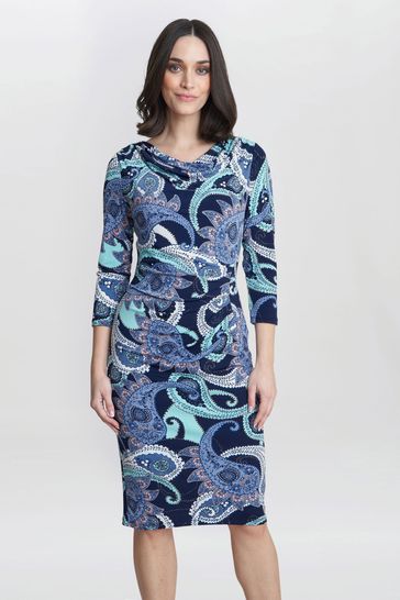 Gina Bacconi Blue Alyssa Printed Jersey Cowl Neck Dress