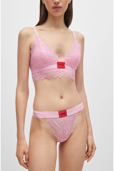 HUGO Pink Thong in Geometric Lace With Red Logo Label