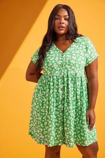 Yours Curve Green Green Ditsy Floral Print Button Front Smock Dress