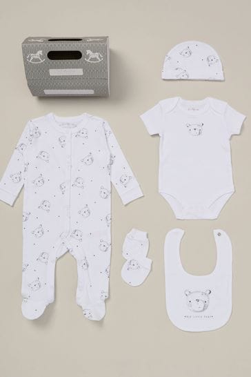 Rock A Bye Baby Boutique Printed White All in One Cotton 5 Piece Baby Gift Set