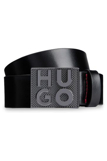 HUGO Italian-Leather Black Belt With Stacked-Logo Plaque Buckle